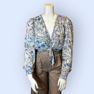 En Saison Cropped Romantic Tie Blouse, L, Floral Multi